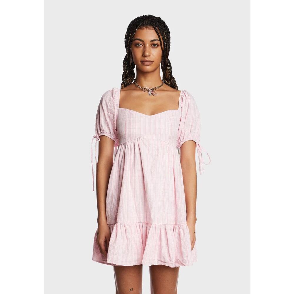 Mable Sz M Subtle Stripe Babydoll Tiered Sweetheart Mini Dress Spring Preppy - Picture 4 of 15